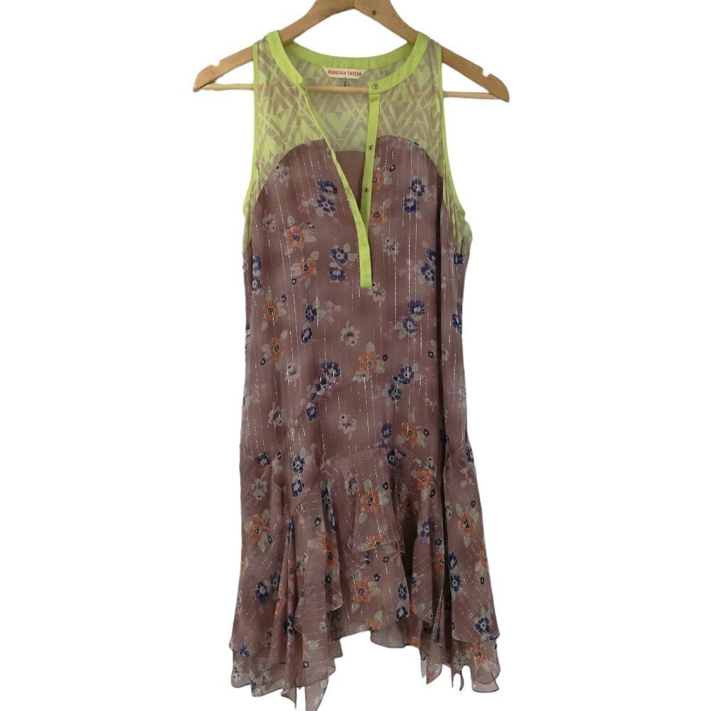 Rebecca Taylor Silk Floral Geometric Metallic Dress Size 2 Ruffle Handkerchief